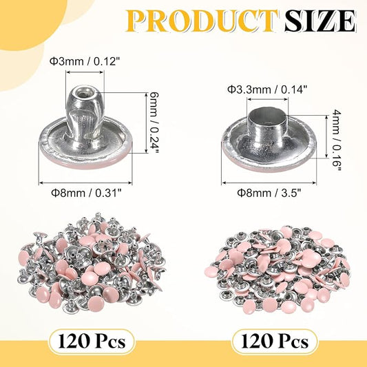 uxcell 120 Sets Leather Rivets, 8mm Double Cap Rivets, 6mm Height Tubular Metal Studs for Leather Craft Repair and Decoration DIY Clothes, Shoes, Bags, Belts, Pink