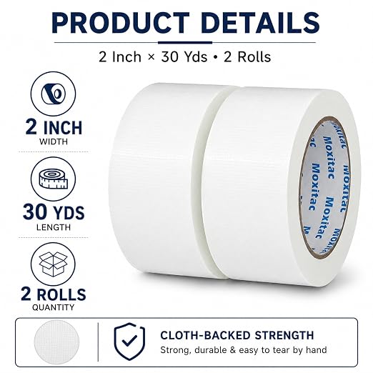 White Duct Tape Heavy Duty, 2 Rolls, 2 Inch x 30 Yards Each, PE Coated Cloth Tape, Easy Tear by Hand, Water-Resistant Surface for Repairs, Packaging, Labeling, Bundling and Moving
