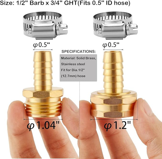 Brass Garden Hose Connector Repair Mender Kit with Stainless Clamp,Fits 1/2" Water Hose Fitting (1/2" Barb x 3/4" GHT)