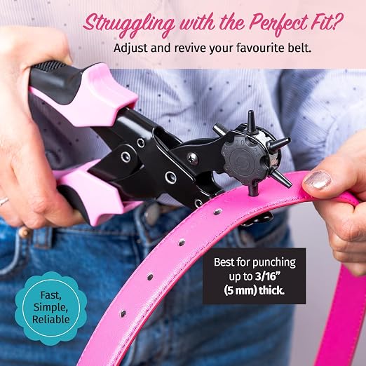 Pro-Master Belt Hole Puncher for Leather - Leather Punch Tool - 6 Multi-Size Rotary Heads 2-4.5mm - Double Leverage for Small Hands - Ideal for Watch Straps, Fabric, DIY Crafts - Crafting Kit - Pink