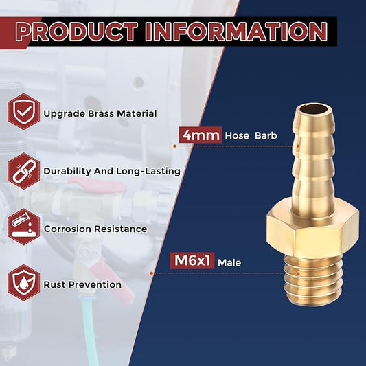 Pack of 8 Brass Hose Barb Fittings Adapter Connector 4mm Hose Barb to M6x1 Male Fittings for Home Machines, Massage Bathtubs, and Irrigation Systems