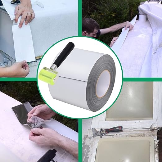 RV Roof Tape White, 6 Inch X 50 Feet RV Sealant Tape with Rubber Roller, Roof Patch Repair Tape for Camper Roof Repair, Use on Various Motorhomes Roof Surfaces, Seaming Patching Waterproof Butyl Tape