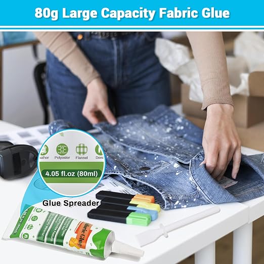 80ML Fabric Glue Permanent for Clothing, Clear Super Glue Fabric Adhesive Sticky Glue for Patches, Washable Liquid Fusion Stitch Fabric Repair Kit for Leather Cotton Rhinestones Polyester