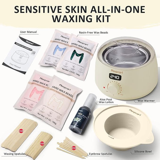 Maxpearl Rosin-Free Waxing Kit for Women Men - Sensitive Skin Friendly, Digital Wax Warmer with Silicone Pot, At Home Hair Removal Kit for Eyebrows, Brazilian, Underarms, Bikini & Full Body