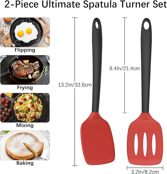 Coukre 2 Pack Silicone Spatula Set, High Heat Resistant, BPA Free Kitchen Spatula, Solid & Slotted Turner for Non-Stick Pans, Sautéing, and Flipping (2, RedBlack)