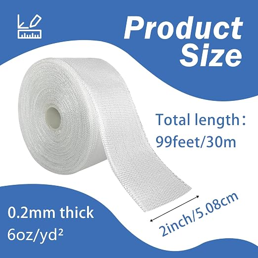 Fiberglass Cloth Roll, 2 Inches*99 Feet 6oz E-Glass Plain Weave | Fiberglass Cloth Tape Strip Non Adhesive for Repairing and Reinforcing Pipes, Cars, Sinks, Bathtubs, Boats