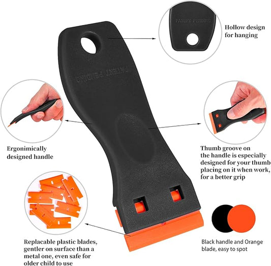 Plastic Razor Blade Scraper, 2 Pack Razor Scraper with 120 Pcs Razor Blades for Removing Glue, Sticker, Decals, Tint from Car Window and Glass(Black)