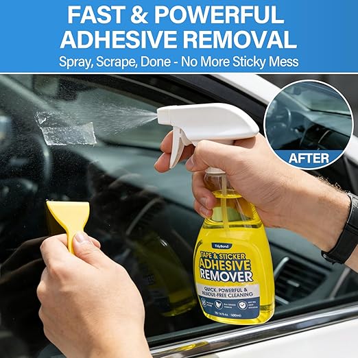 Adhesive Remover Spray 10.6 oz – Removes Stickers, Labels, Tape Residue, Glue, Chewing Gum & Caulk – Works on Metal, Glass, Plastic, Car Paint & Hard Surfaces – Sticker & Glue Cleaner with Scraper