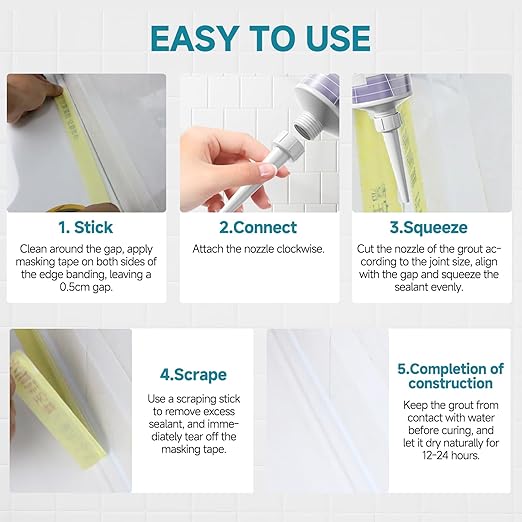Tile Grout Repair Kit, White Grout Filler for Bathroom, Kitchen, Rstore & Renew Tile Joints Line, Triple Protection, Fast Drying Shower Grout with Tools(White, 5.29oz/150g)