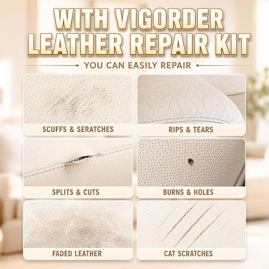 Vigorder Cream Leather Repair Kit for Furniture, Vinyl Repair Kit for Car Interior, Sofa, Jacket, Purse – Super Easy Instructions to Fix Scratches, Tears, Holes, and Peeling