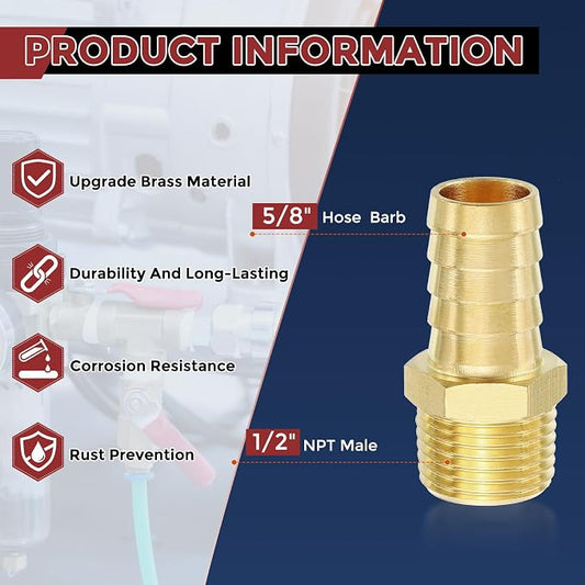 Pack of 8 Brass Hose Barb Fittings Adapter Connector 5/8" Hose Barb to 1/2" NPT Male Fittings for Home Machines, Massage Bathtubs, and Irrigation Systems
