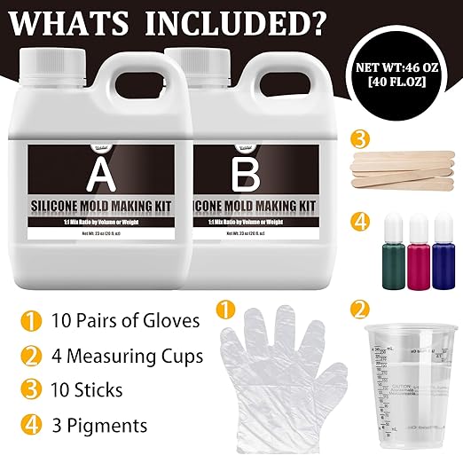 Silicone Mold Making Kit - 46oz Translucent Liquid Silicone Rubber 1:1 Mixing for Mold Making, Fast Curing Molding Casting Kit for Resin, Candle Molds, Soap Molds, DIY, Includes 3 Color Pigments