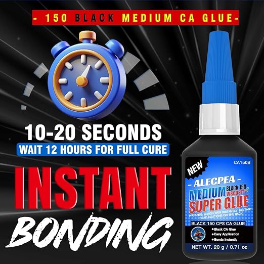 20g Black Medium CA Glue (150 CPS), Premium Cyanoacrylate Super Glue for Wood, Glass, Metal, Paper, Leather, Plastic, Ceramic, Rubber, Jewelry, Woodworking, Hobby Models, and Craft Project