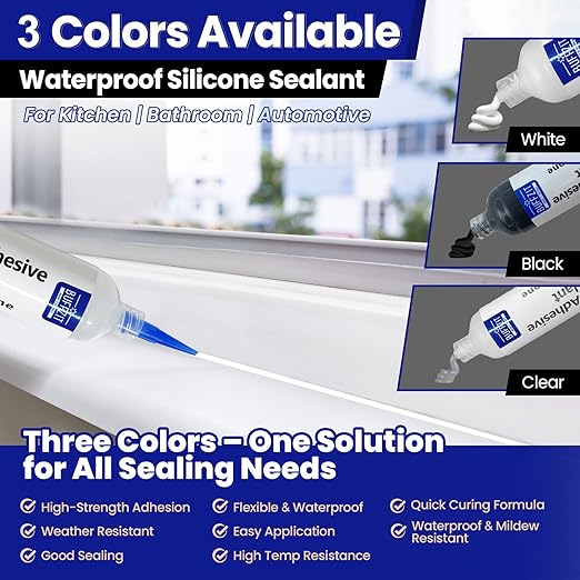 Silicone Sealant RTV 100% Silicone Waterproof Sealant – All-Purpose Caulk for Car, Kitchen, Window, Bathroom, Door – High Strength, Anti-Shrink & Crack (Clear, 30g/1oz)