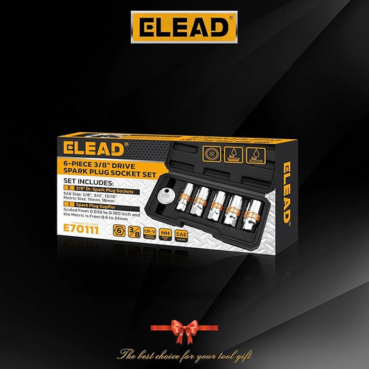ELEAD 6-Piece 3/8" Drive Spark Plug Socket Set with Spark Plug Gapper, SAE & Metric, 5/8", 3/4", 13/16", 14mm, 18mm, CR-V Sockets with Rubber Holding Rings