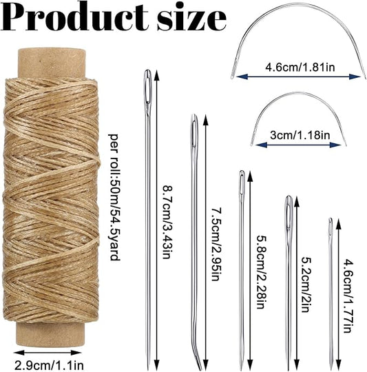 110Yards Waxed Thread with 7 Pcs Leather Needles for Hand Sewing 150D Flat Sewing Waxed Thread Leather Repair Needles for Sewing Upholstery Leather Canvas Bags Sofa Furniture(Black+Khaki)