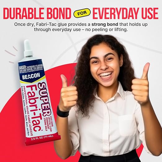 BEACON Super Fabri-Tac - New Industrial Grade Fabric Adhesive - Fast Grab, Quick Drying, Permanent & Crystal Clear - Suitable for Fabrics, Wood, Glass & More, 2.5-Ounce