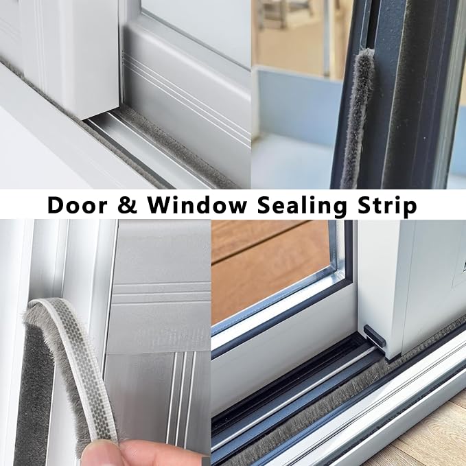 Brush Weather Stripping 0.2in(T) x 0.4in(W) x 33FT Grey Door Seal Strip for Door Frame, Sliding Glass Door Draft Stopper Window Soundproofing Bristle Door Sweep Weatherstripping