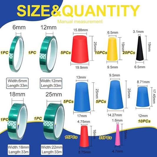 Tnisesm 109Pcs Silicone Rubber Tapered Plug Assortment Kits 1/16" to 5/8" with PET Masking Tape for Masking Off Holes During Powder Coating, Painting, Hydro Dipping, Media Blasting