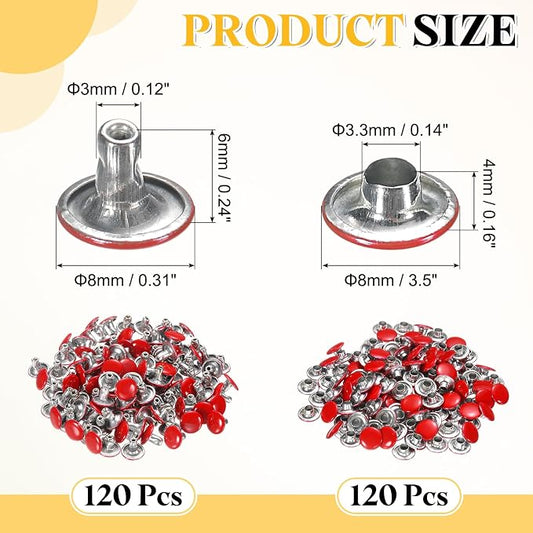 uxcell 120 Sets Leather Rivets, 8mm Double Cap Rivets, 6mm Height Tubular Metal Studs for Leather Craft Repair and Decoration DIY Clothes, Shoes, Bags, Belts, Red