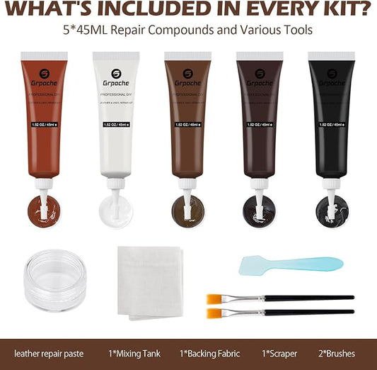 Brown Leather Repair Kit for Furniture, Leather Couch Repair Kit for Car Interior, Car Seats, Sofa, Jacket and Purse, Vinyl Repair Kit with Color Matching Guide, Restores Artificial, Genuine Pleather