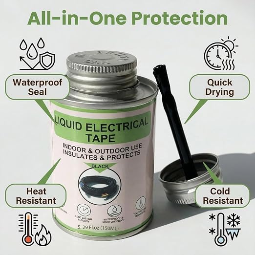 Wire Equipment Repair Liquid Electrical Tape 5.29OZ (150ml) Insulating Glue Quick-Drying Waterproof & High Temperature Resistant Liquid Wire Insulation Rubber with Brush Cap for Wires, Cables