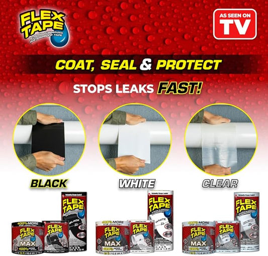 Flex Tape, MAX, Original Thick Flexible Rubberized Waterproof Tape - Seal and Patch Leaks, Works Underwater, Indoor Outdoor - Home RV Roof and Pool Repairs, Black, 4 in x 25 ft, Pack of 1