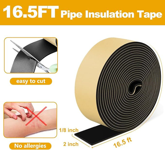 DEMEDO Pipe Insulation Tape, Pipe Wrap Insulation Foam Tape Self Adhesive, Outdoor Water Pipe Insulation Roll for HVAC, AC Line Insulation, 3 inch x 16.5 FT Heat Tape for Water Pipe, Black