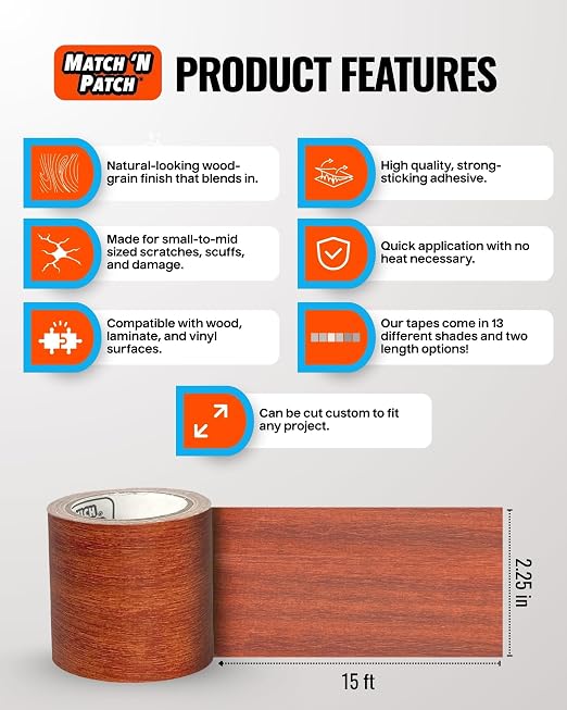 MATCH 'N PATCH Wood Grain Repair Tape - Red Oak, 2.25 in x 15 ft (1-Pack) – Wood Grain Colored Duct Tape for Mirror Frame, Trim, Borders, Floor and Other Furniture, Scratch Repair Kit