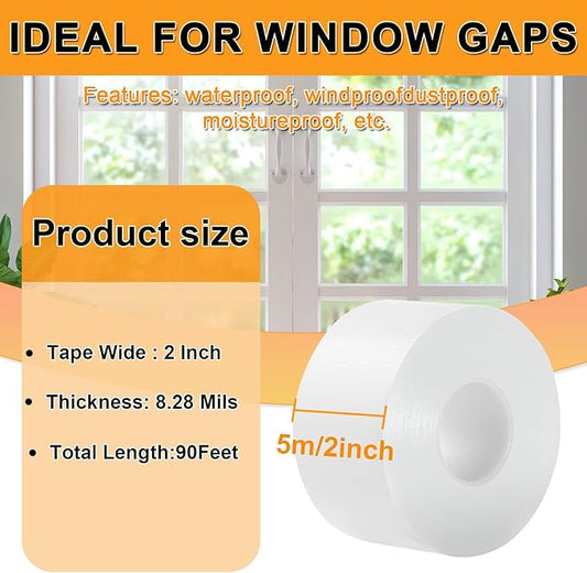 Qoqooice Window Weather Sealing Tape 2 Inch x 90 FT Weather Stripping Residue-Free Window Seal Insulation Tape for Doors Windows and Shower Glass Gaps White