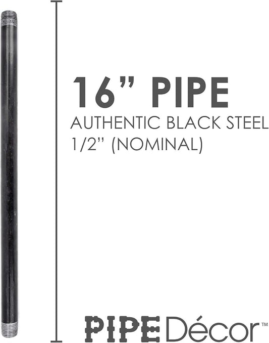 PIPE DÉCOR 1/2” x 16” Malleable Cast Iron Pipe Nipple, Pre Cut Connectors, Industrial Steel Grey Fits Standard Half Inch Black Threaded Pipes Nipples and Fittings, Build Vintage DIY Furniture, 6 Pack
