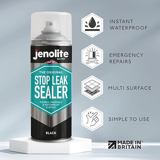 JENOLITE Stop Leak Sealer Spray - Instant Waterproof Sealant Spray - Fills, Seals & Stops Leaks | Perfect for Gutters, Flat Roofs, Waste Pipes, and More - Black, 400ml (14 Ounces)