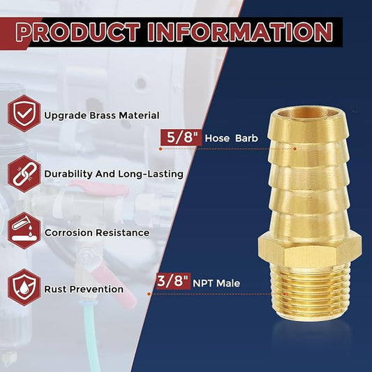 Pack of 1 Brass Hose Barb Fittings Adapter Connector 5/8" Hose Barb to 3/8" NPT Male Fittings for Home Machines, Massage Bathtubs, and Irrigation Systems