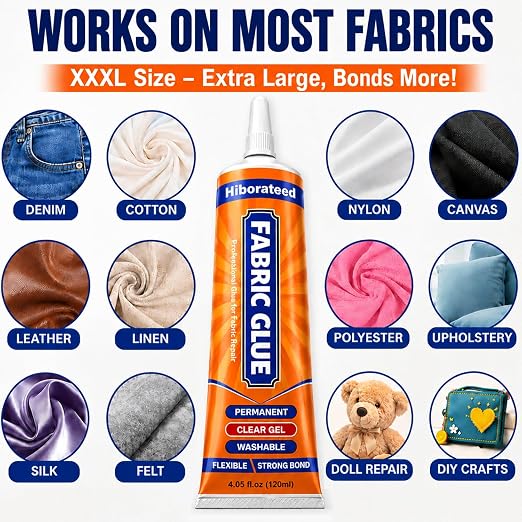 120 ML Fabric Glue Permanent for Clothing Repair, Washable, Dry Clear | no-sew fabric repair kits include craper & clamp for Patch, Clothes, Sewing, Denim, Leather, Polyester, Flannel, Cotton