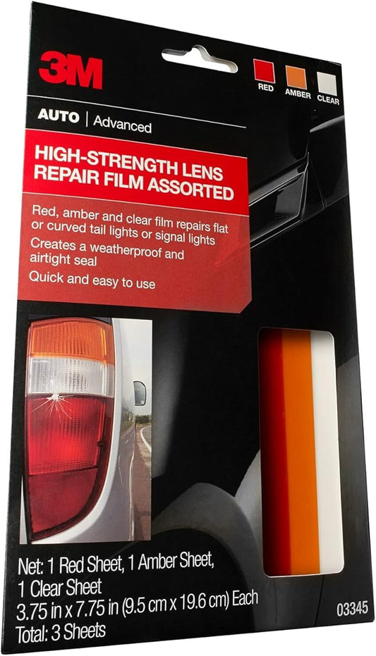3M Auto High-Strength Lens Repair Film, 3.5 in x 7.75 in, Assorted Sheets: Red / Amber / Clear, Weatherproof & Airtight Seal, Flexible Film Repairs Flat or Curved Lenses on Truck & Car Lights (03345)