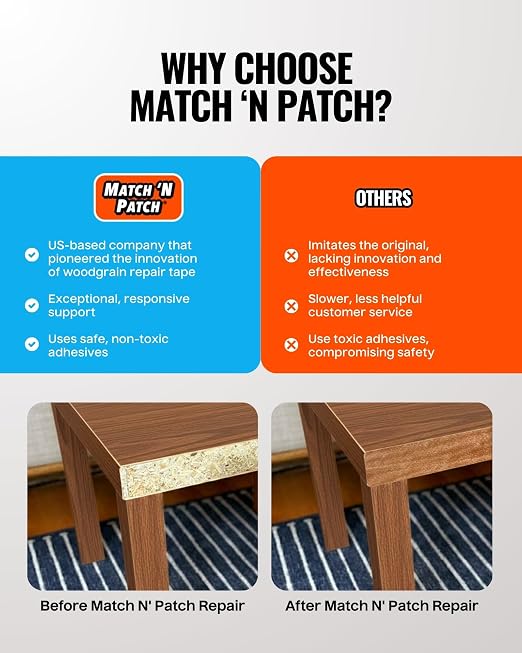MATCH 'N PATCH Wood Grain Repair Tape - Colonial Maple, 2.25 in x 15 ft (1-Pack) – Wood Grain Colored Duct Tape for Mirror Frame, Trim, Borders, Floor and Other Furniture, Scratch Repair Kit