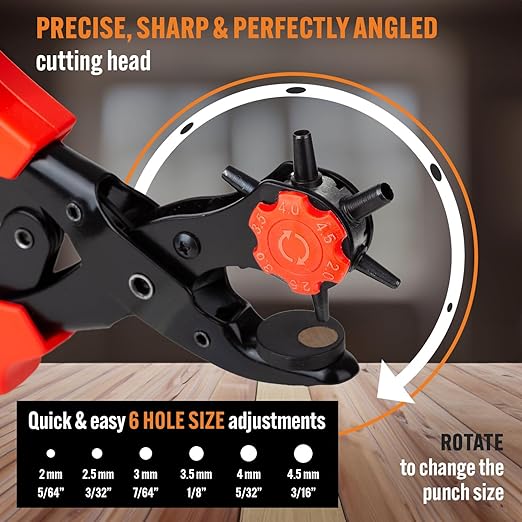 Pro-Master Belt Hole Puncher for Leather - Heavy Duty Rotary Leather Punch Tool for Belts, Watch Bands & Bags - Double Lever Action, Ergonomic Cushioned Non-Slip Handles - 2mm to 4.5mm Punching Kit