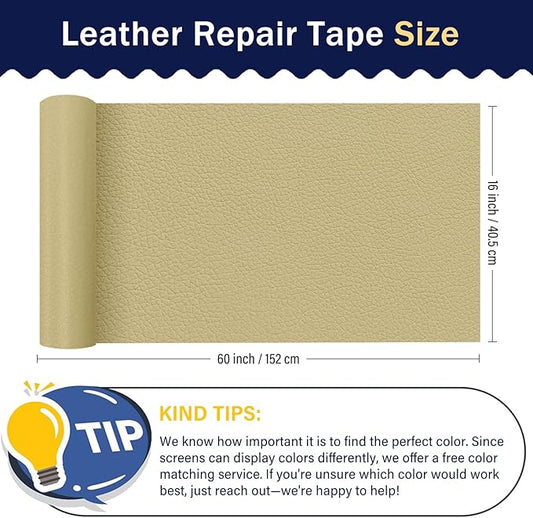 Zenyao Leather Repair Patch Tape - Self Adhesive Leather Repair Kit for Car Seat Furniture, Heavy Duty Vinyl Repair Patch for Couch Sofa, Waterproof Fix for Tears, 16x60 Inch Roll, White Khaki