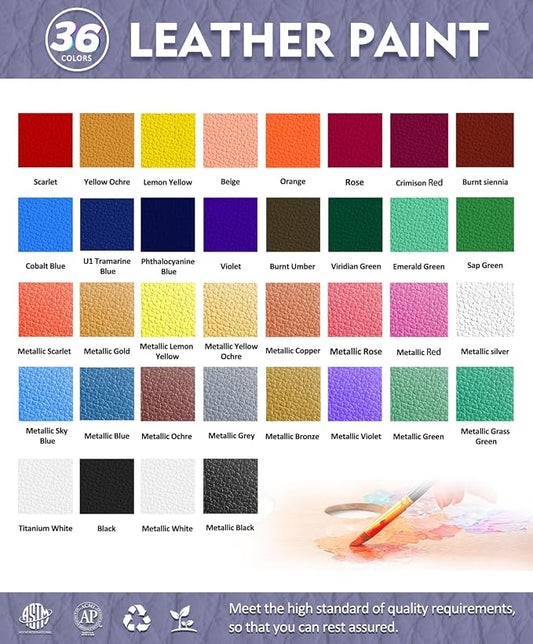 Colorful Acrylic Leather Paint for Shoe Painting- 36 Colors Leather Paint for Bag & Wallet Decor, Leather Jacket Care, Crafts DIY & Customizing Leather Projects