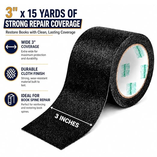 BookGuard Book Binding Tape, 3 Inch Black Flexible Cloth Spine Repair Tape for Library Binding, Book Spines, Hinges, Covers, Bibles, Hymnals, Libraries, Schools, 15 Yard Roll