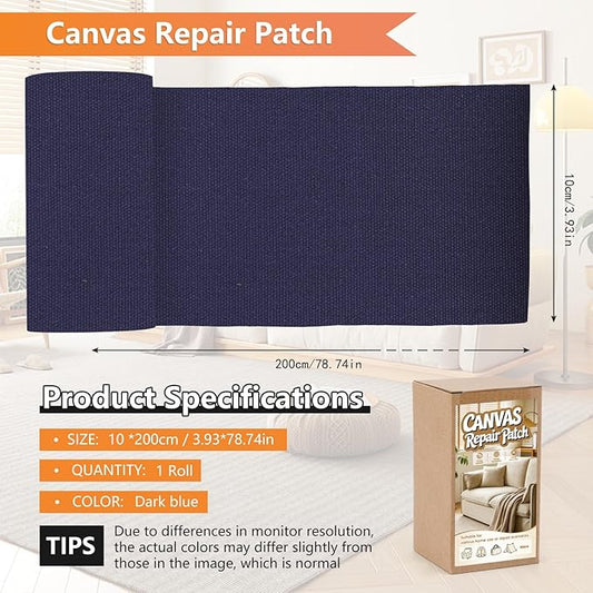 Canvas Fabric Patches, 4x79 Inches Self-Adhesive Canvas Repair Tape, Waterproof Fabric Tape Kit for Repairing Sofa, Cushion, Clothes, Tent, Sun Umbrella, Boat Cover (Dark Blue)