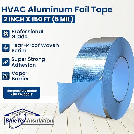 BlueTex Insulationㅤ HVAC Aluminum Foil Tape 2 inch x 150 ft (6 mil), Professional Grade Silver Duct Tape Metallic, Tear-Proof HVAC Tape, Heavy Duty, for Ductwork, Dryer Vent & Insulation - 1 Roll