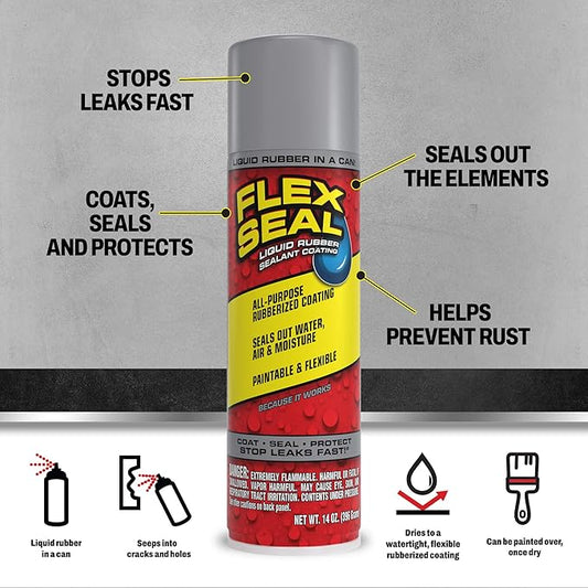 Flex Seal, 14 oz, 1-Pack, Gray, Stop Leaks Instantly, Waterproof Rubber Spray On Sealant Coating, Perfect for Gutters, Wood, RV, Campers, Roof Repair, Skylights, Windows, and More