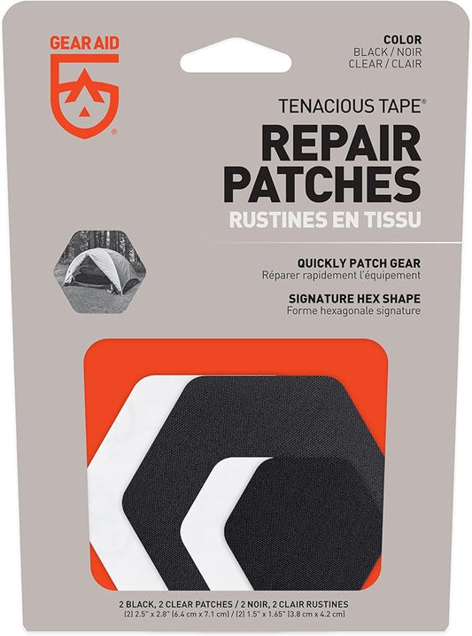 GEAR AID Tenacious Tape Hex – 2.5” & 1.5” Repair Patches (4 Patches: Two 2.5” & Two 1.5”, Clear/Black) – Peel-and-Stick Outdoor Nylon Fabric to Fix Holes and Burns in Down Jackets, Rain Gear and Tents