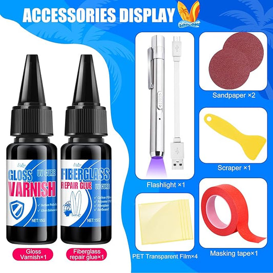 Fiberglass Repair Kit - Surfboard Repair Kit, UV Repair Glue with UV Light, Quickly Repair Scratches, Holes, and Gaps in Fiberglass, Polyester, Carbon Fiber - Fiberglass Filler for Surfboard Gelcoat