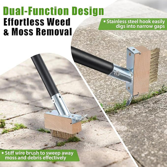 DEROFIT Crack Weeder Moss Remover Brush with 45 inch Handle,Manual Crevice Weeding Tool Stand Weed Puller Grout Brush for Deck,Patio,Sidewalk, Walkway,Driveway, Paving,Crevice Cleaning Tool