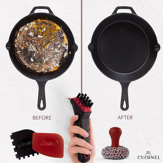 Cuisinel Cast Iron Chain Mail Scrubber + Cleaning Brush + Pan & Grill Scrapers - The Ultimate Skillet and Grill Cleaner Kit - Soft-Touch Confident-Grip Dish Scrub Tool - Silicone/Stainless Accessories