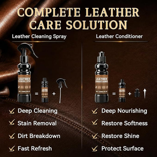 Leather Cleaner and Conditioner, Leather Cleaning Kit, Leather Conditioner, Cleans Stains, Restores Softness and Shine, Protects Cracking, for Car Seats, Sofa, Bags, 2 Bottles (4 oz Each)