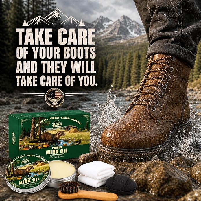 4-in-1 Mink Oil Leather Conditioner and Cleaner 3.52 oz - Premium Waterproof Formula for Leather Cowboy Boots,Shoes,Saddles & Bags with Horsehair Brush, Sponge & Microfiber Cloth