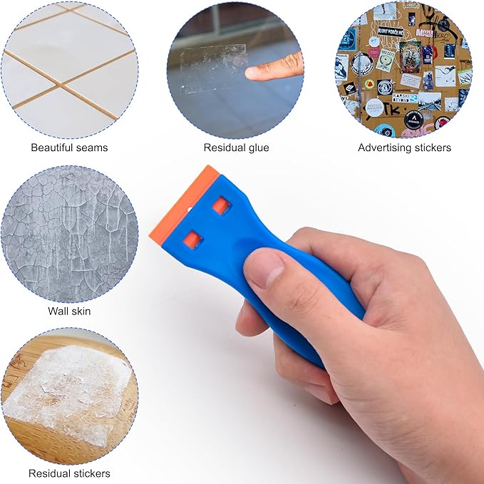 8 Pcs Plastic Razor Blade Scraper and 100 Pcs Blades, Remove Label Decal Tool, Forwithout Scratches Plastic Razor Blade Scraper, Adhesive Remover for Stickers, Kitchen Appliances and Paints on Window